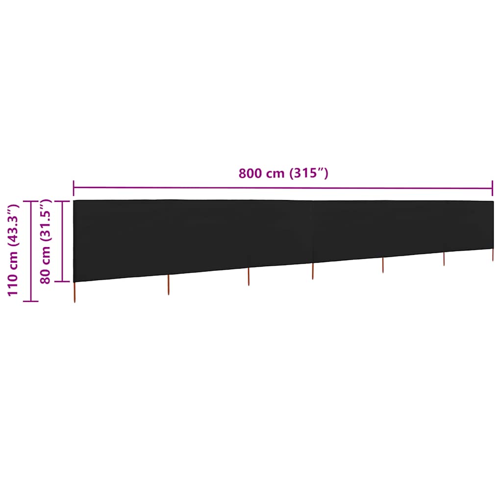 Vindskjerm 6 paneler stoff 800x80 cm svart vidaXL