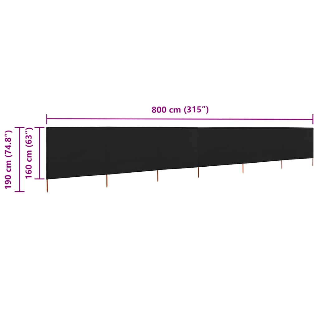 Vindskjerm 6 paneler stoff 800x160 cm svart vidaXL