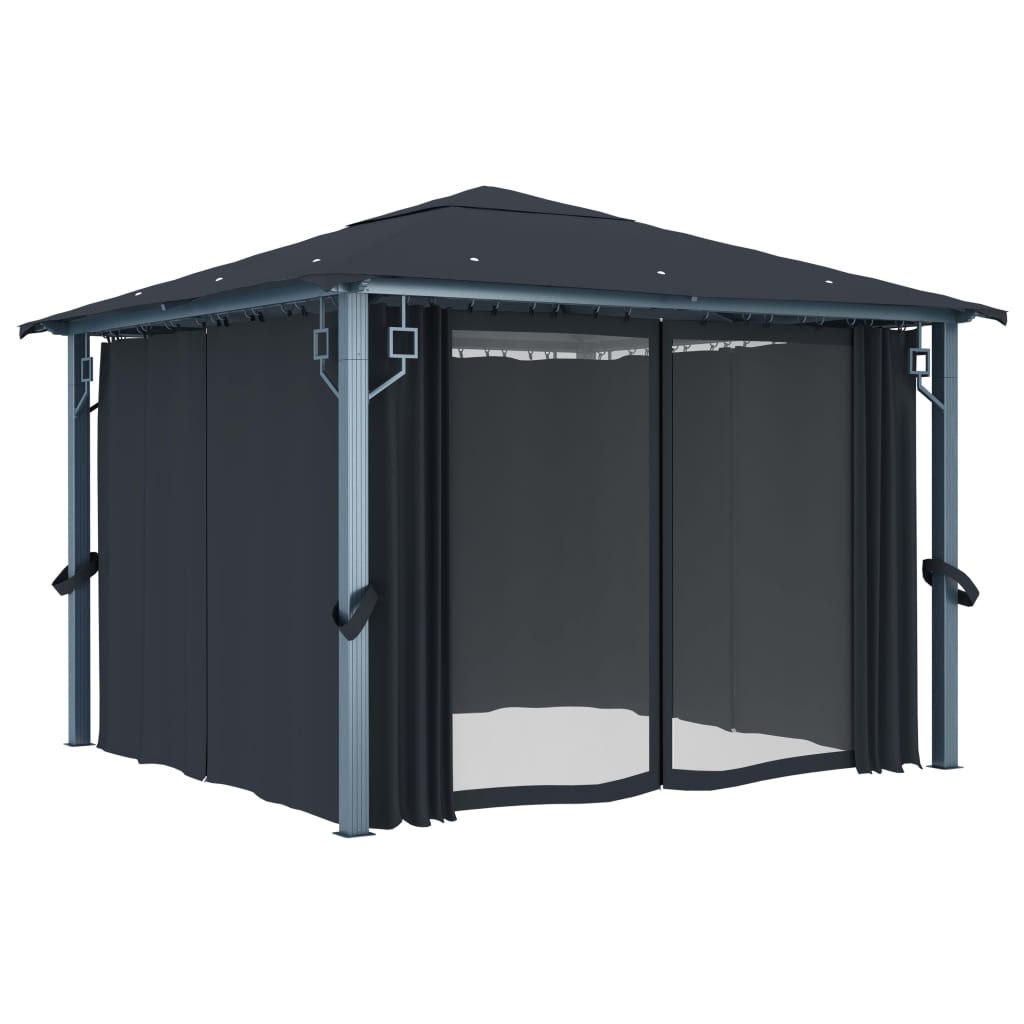 Paviljong med gardin 300x300 cm antrasitt aluminium