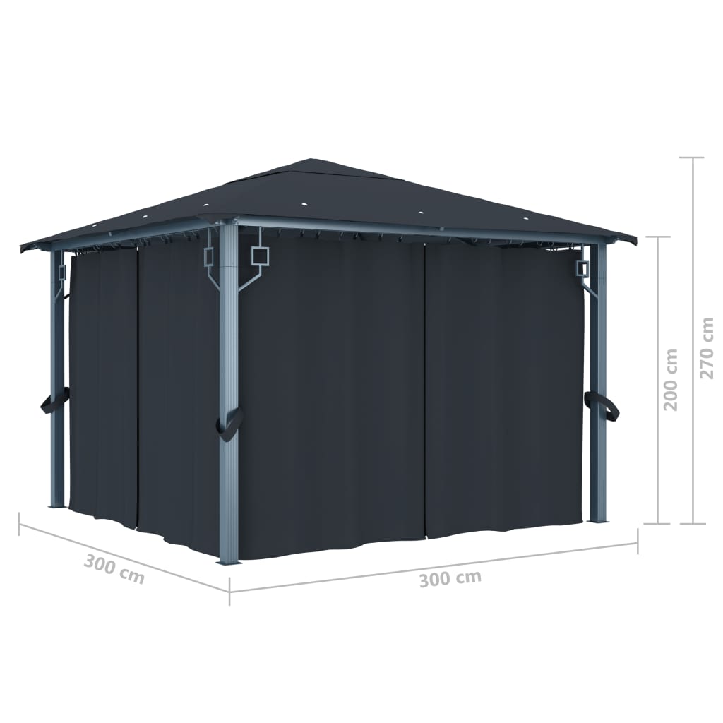 Paviljong med gardin 300x300 cm antrasitt aluminium