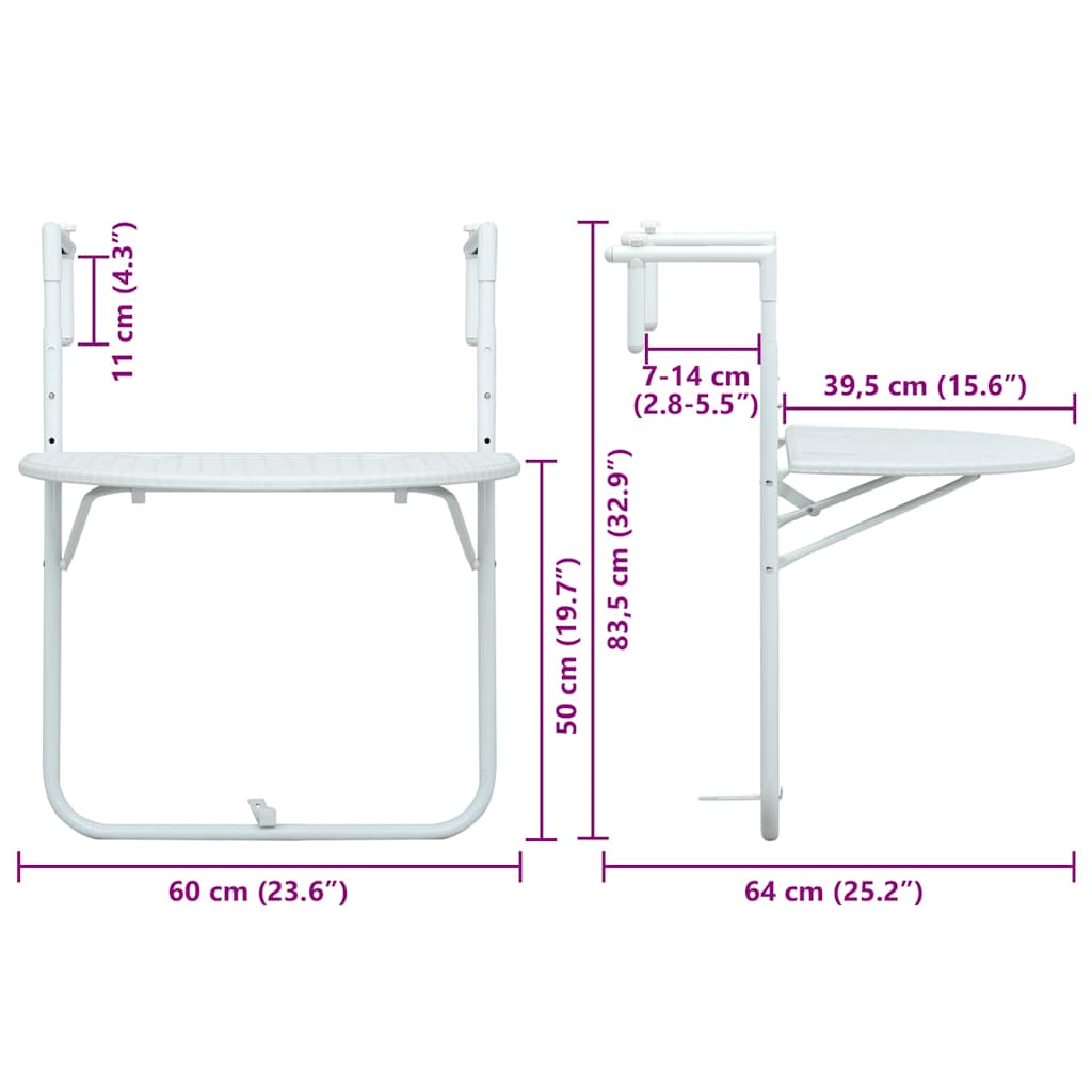 Hengende balkongbord hvit 60x64x83,5 cm plast rottingutseende vidaXL