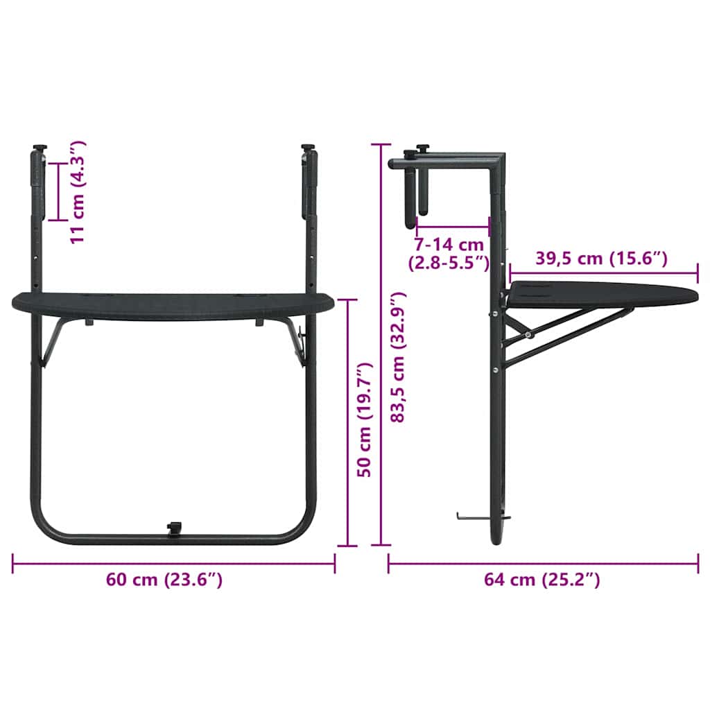 Hengende balkongbord svart 60x64x83,5 cm plast rottingutseende vidaXL