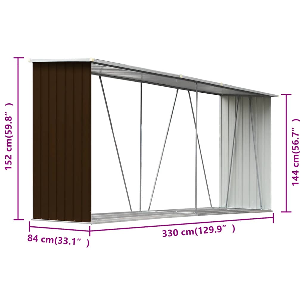 Vedskjul galvanisert stål 330x84x152 cm brun