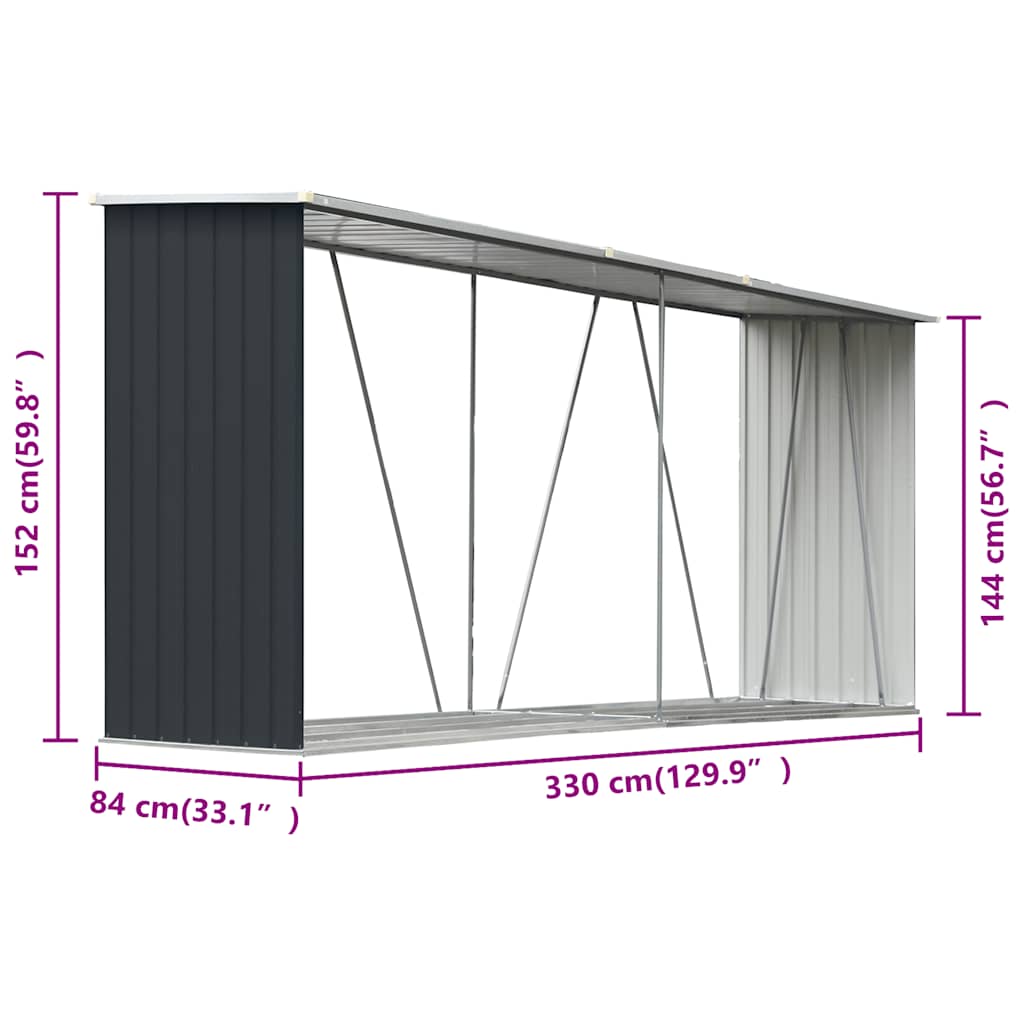 Vedskjul galvanisert stål 330x84x152 cm antrasitt
