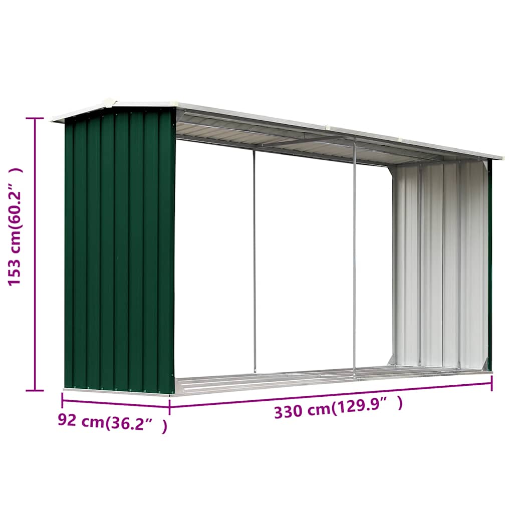 Vedskjul galvanisert stål 330x92x153 cm grønn