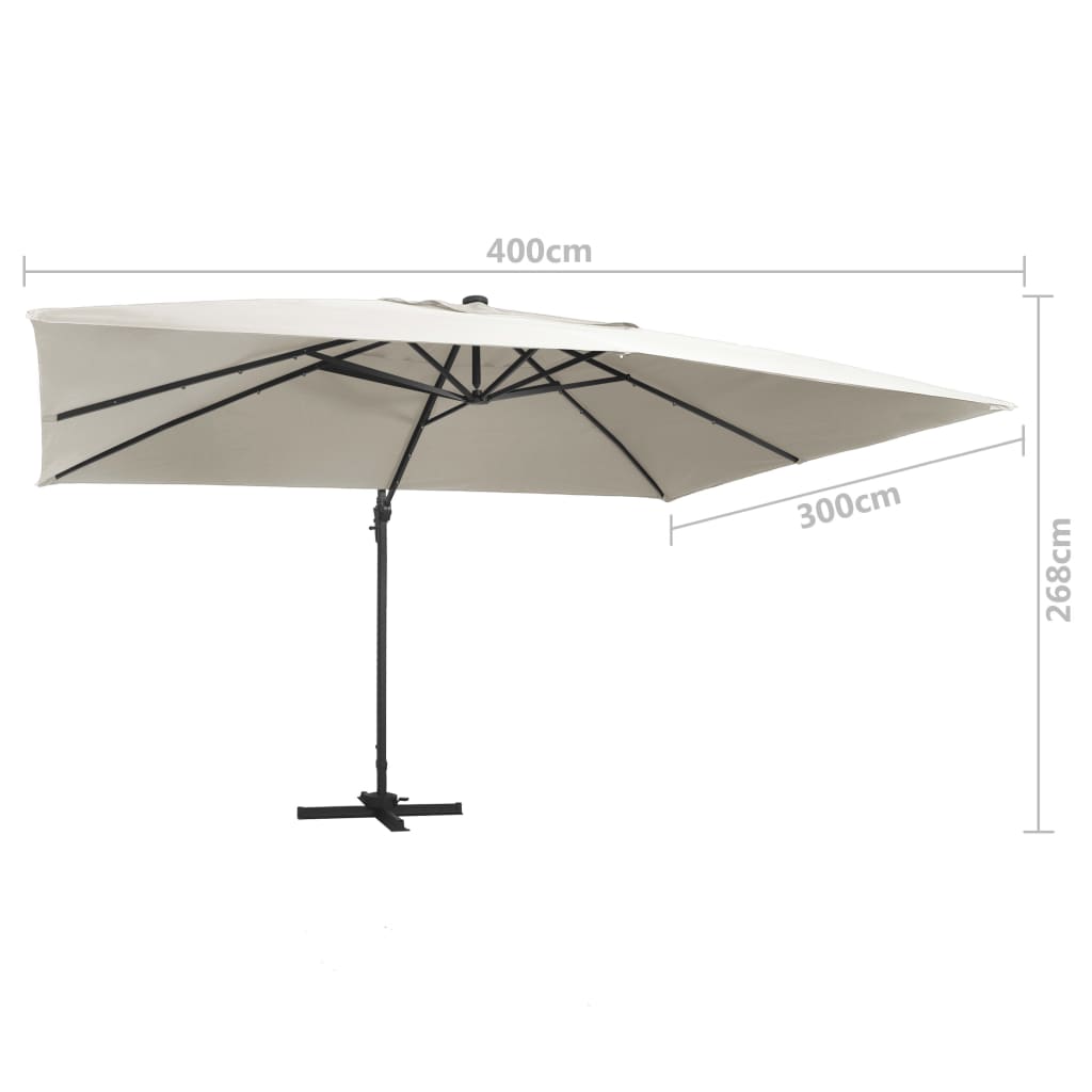 Hengende hageparasoll med LED og aluminiumsstang 400x300cm sand vidaXL
