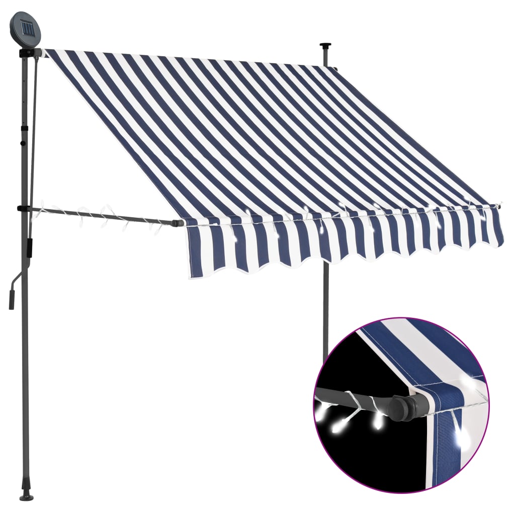 Manuell uttrekkbar markise med LED 100 cm blå og hvit