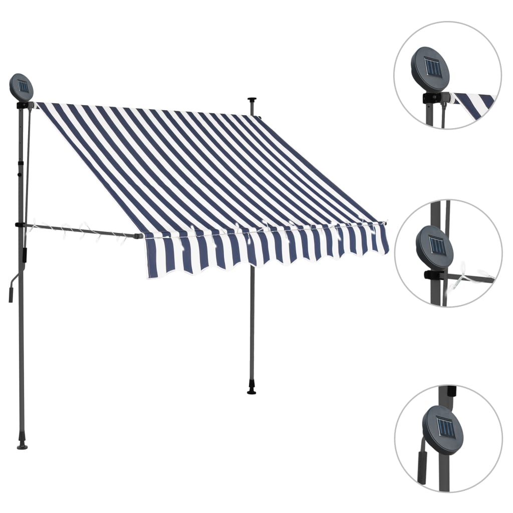 Manuell uttrekkbar markise med LED 100 cm blå og hvit