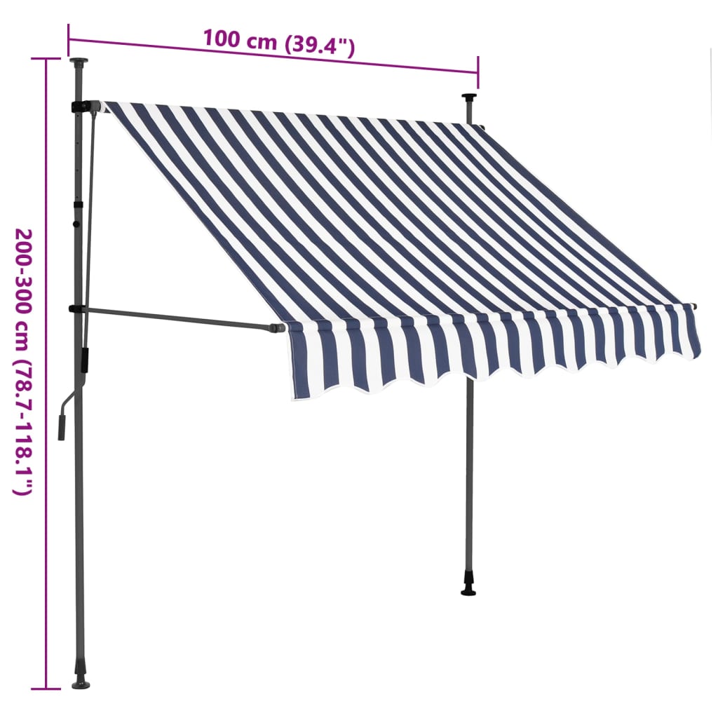 Manuell uttrekkbar markise med LED 100 cm blå og hvit