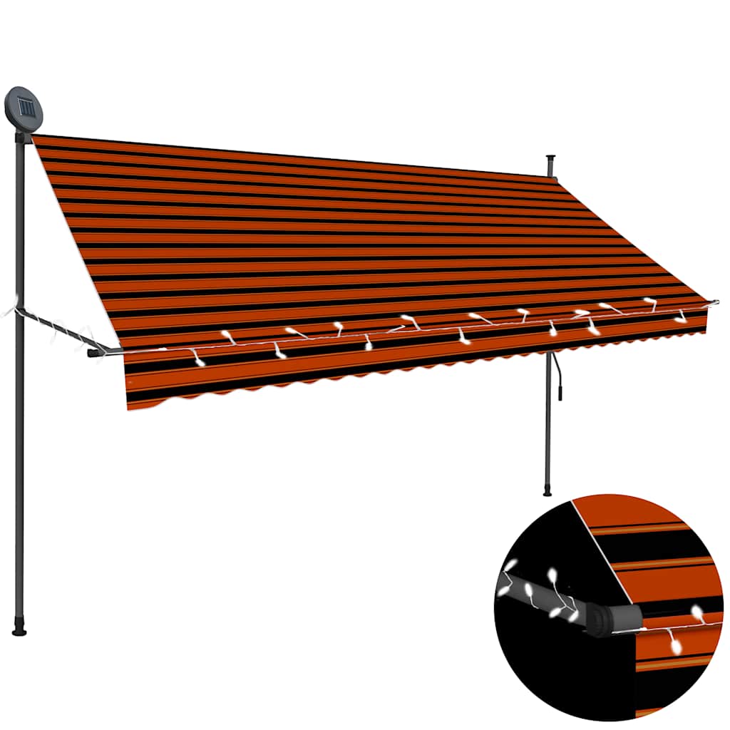 Manuell uttrekkbar markise med LED 300 cm oransje og brun vidaXL