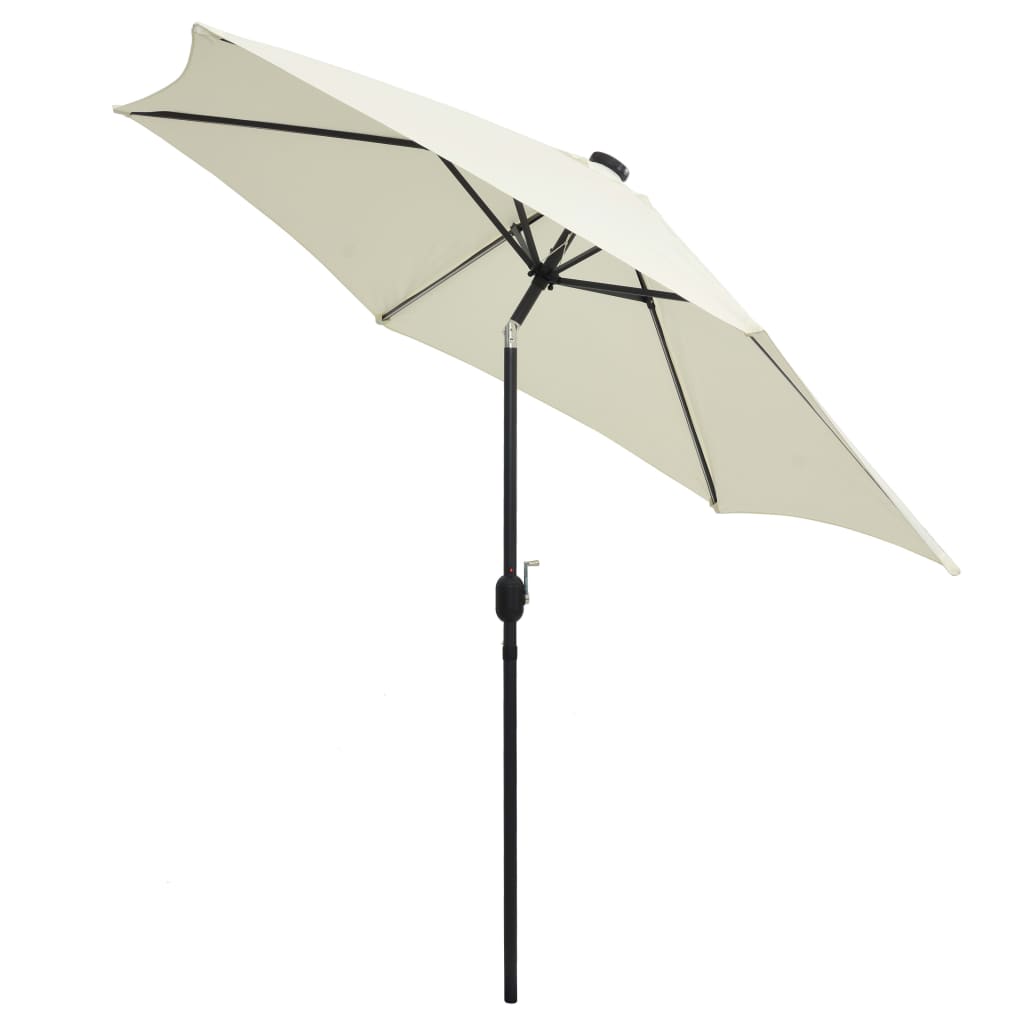 Hageparasoll med LED-lys og aluminiumsstang 300 cm sandhvit vidaXL