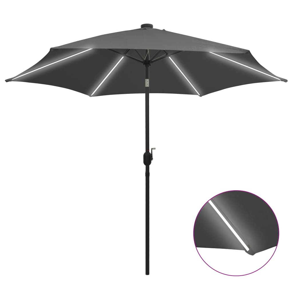 Hageparasoll med LED-lys og aluminiumsstang 300 cm antrasitt
