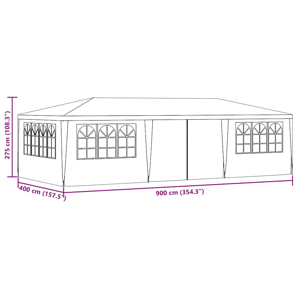 Profesjonelt festtelt med sidevegger 4x9 m hvit 90 g/m²