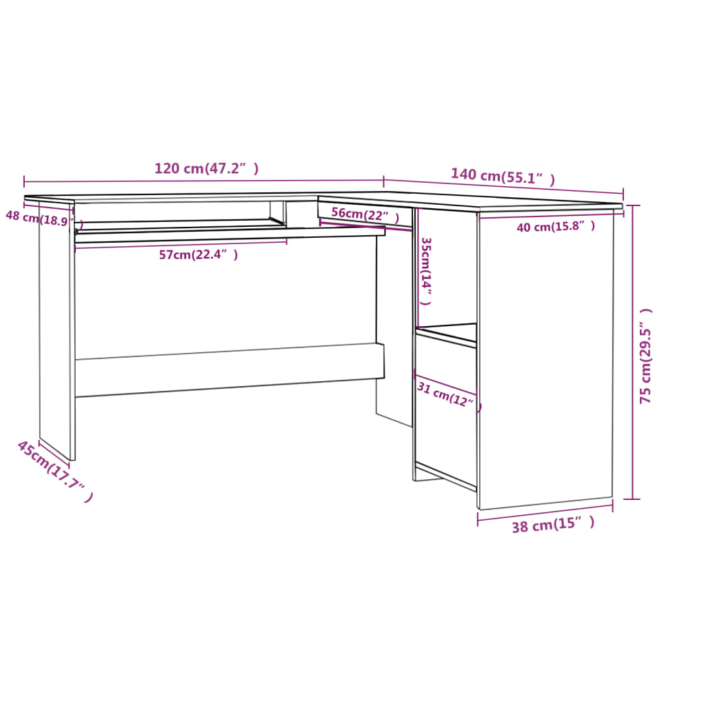 L-formet skrivebord hvit 120x140x75 cm konstruert tre
