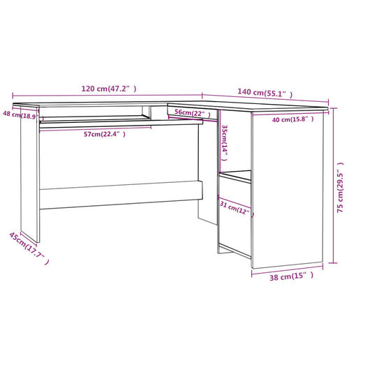 L-formet skrivebord hvit 120x140x75 cm konstruert tre
