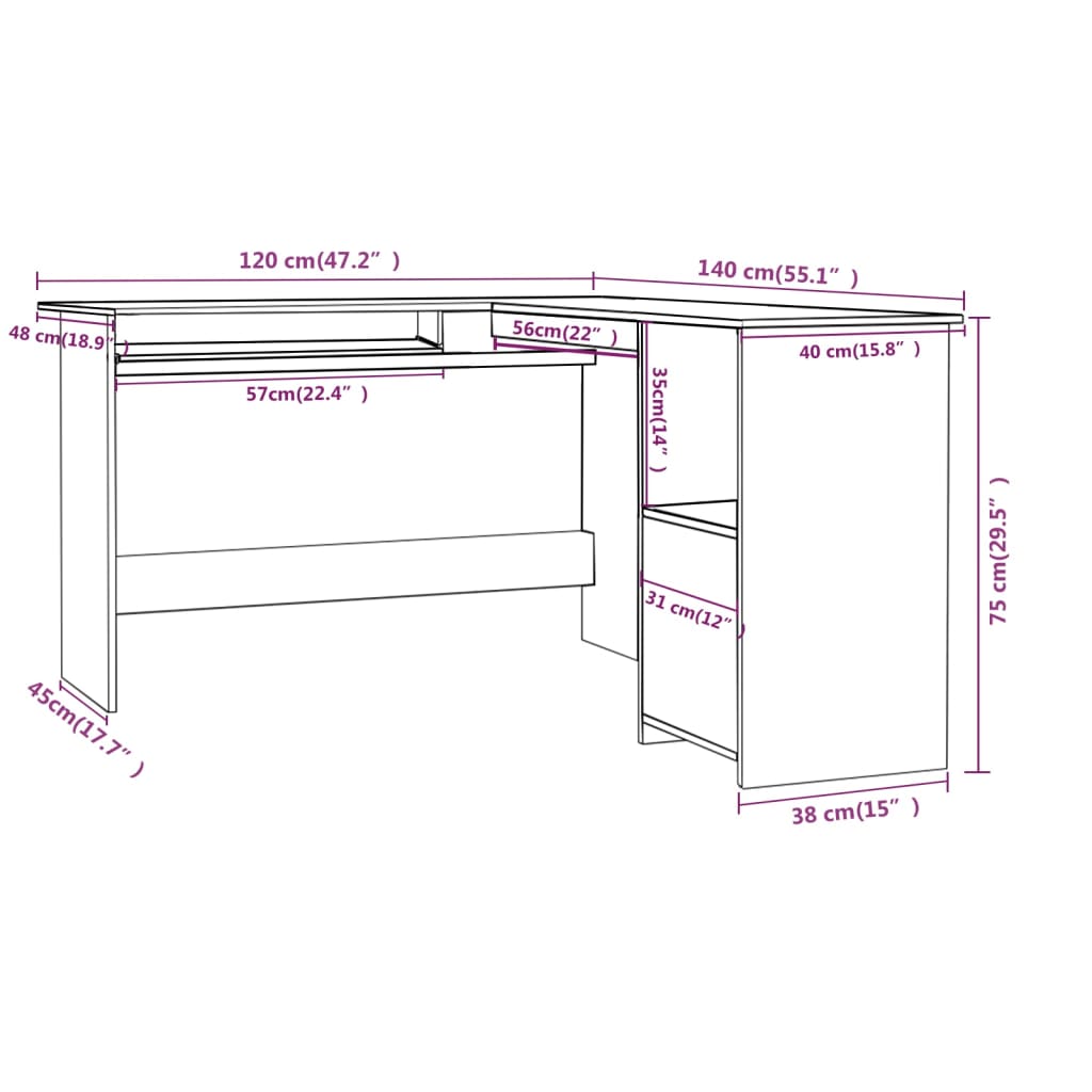 L-formet hjørneskrivebord høyglans svart 120x140x75cm sponplate