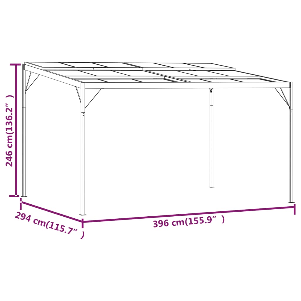 Paviljong med tak antrasitt 4x3x2,5 m aluminium og stål