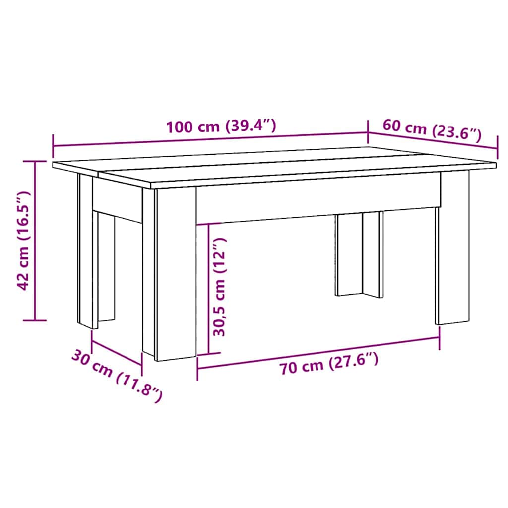 Salongbord hvit 100x60x42 cm konstruert tre