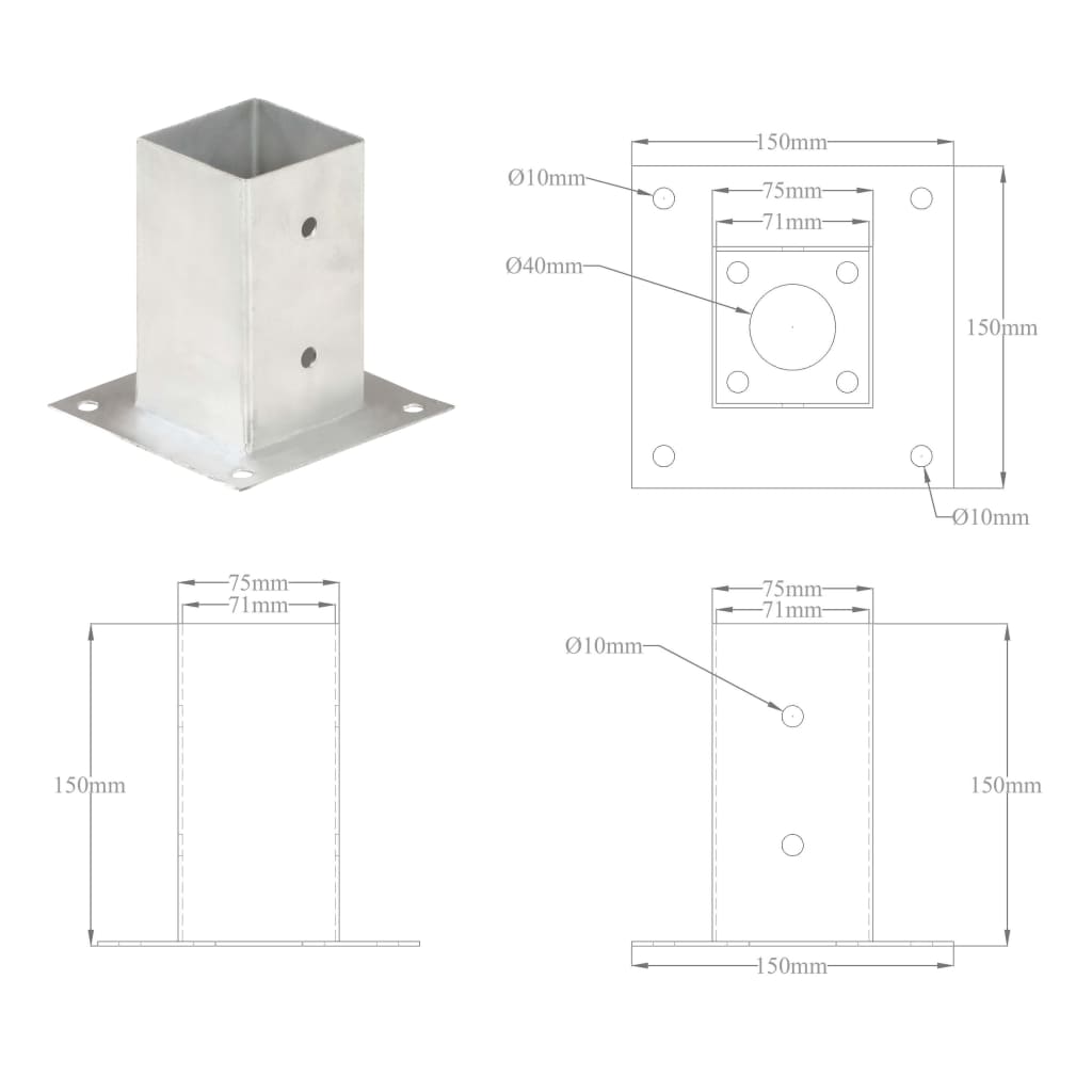 Stolpeankere 4 stk galvanisert metall 71 mm