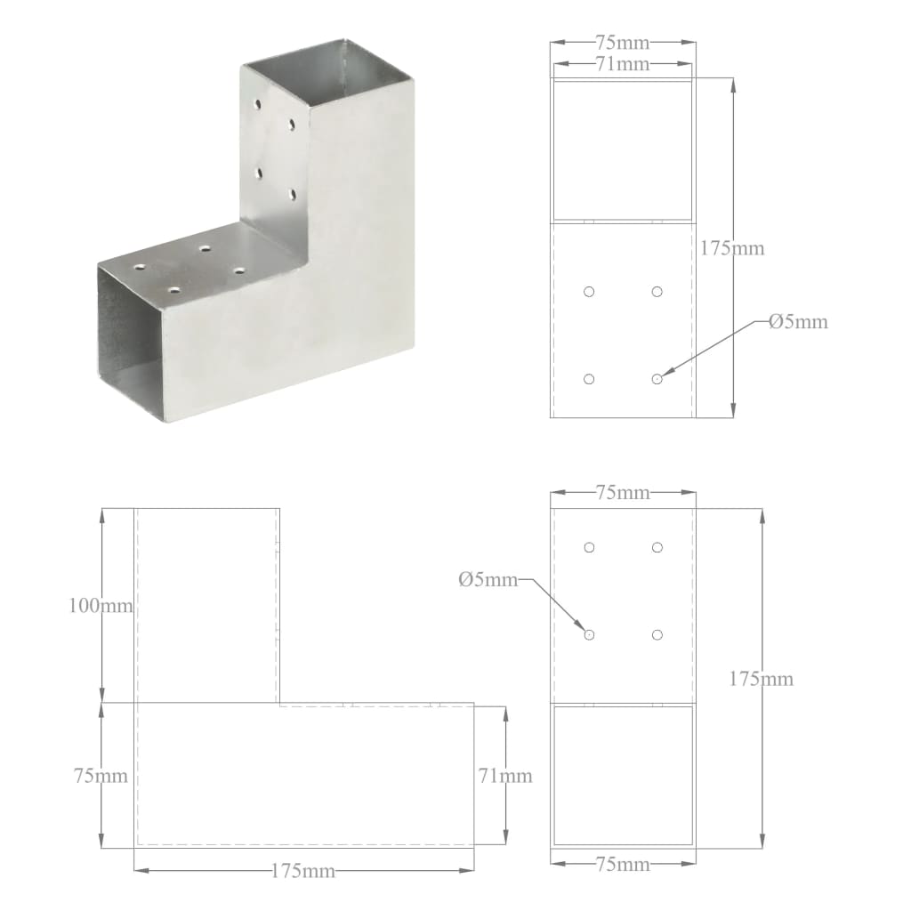 Stolpesko 4 stk L-form galvanisert metall 71x71 mm