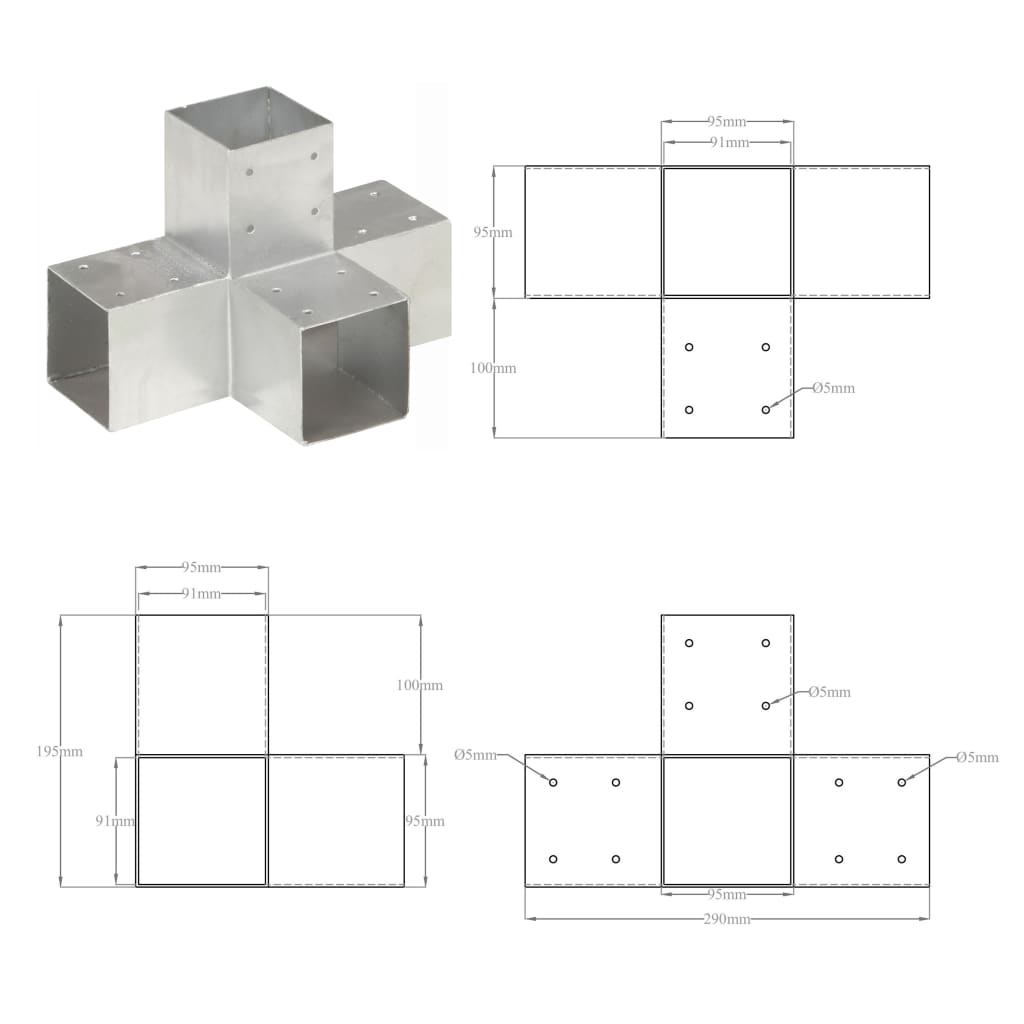 Stolpesko 4 stk X-form galvanisert metall 91x91 mm