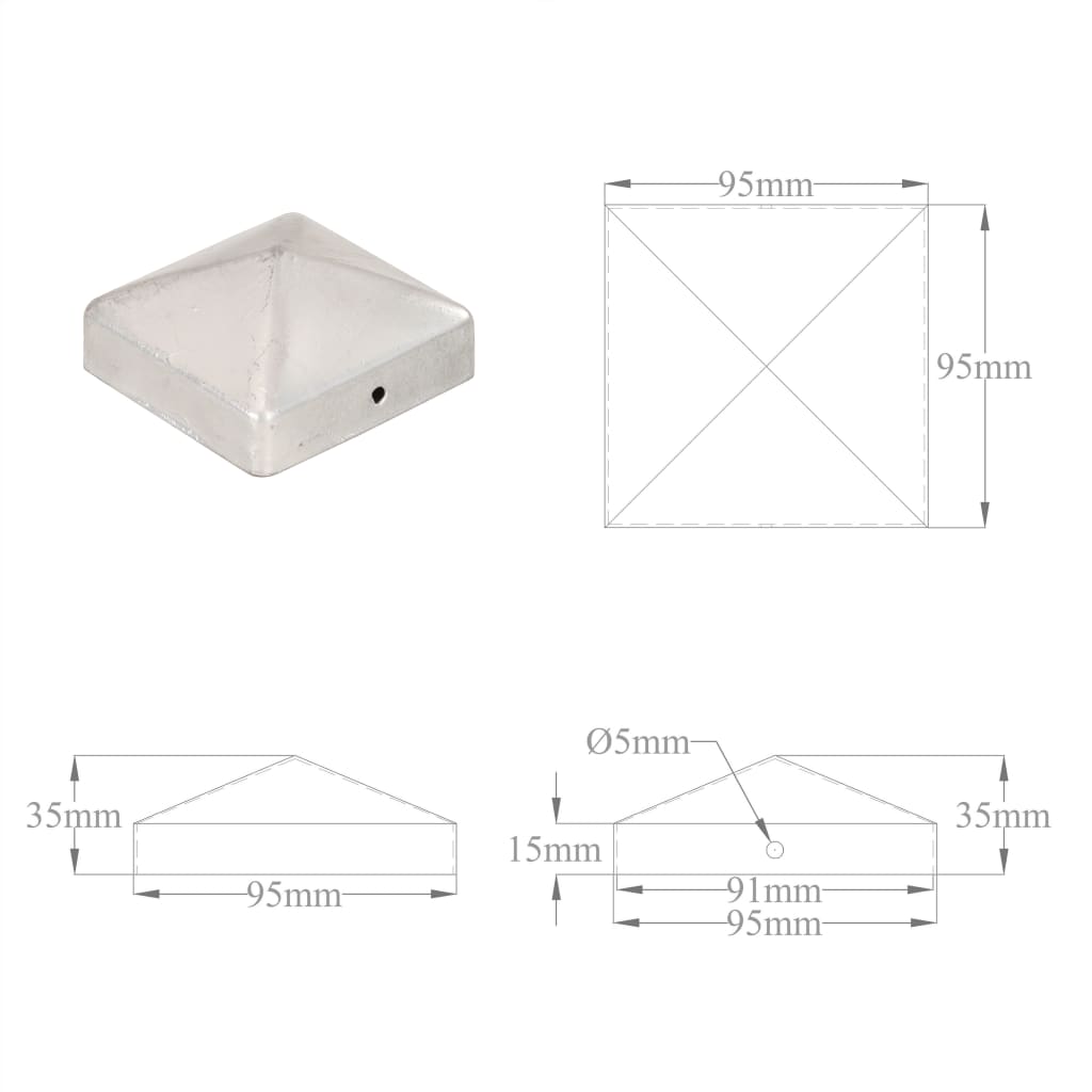 Gjerdestolpehatter pyramide 6 stk galvanisert metall 91x91 mm