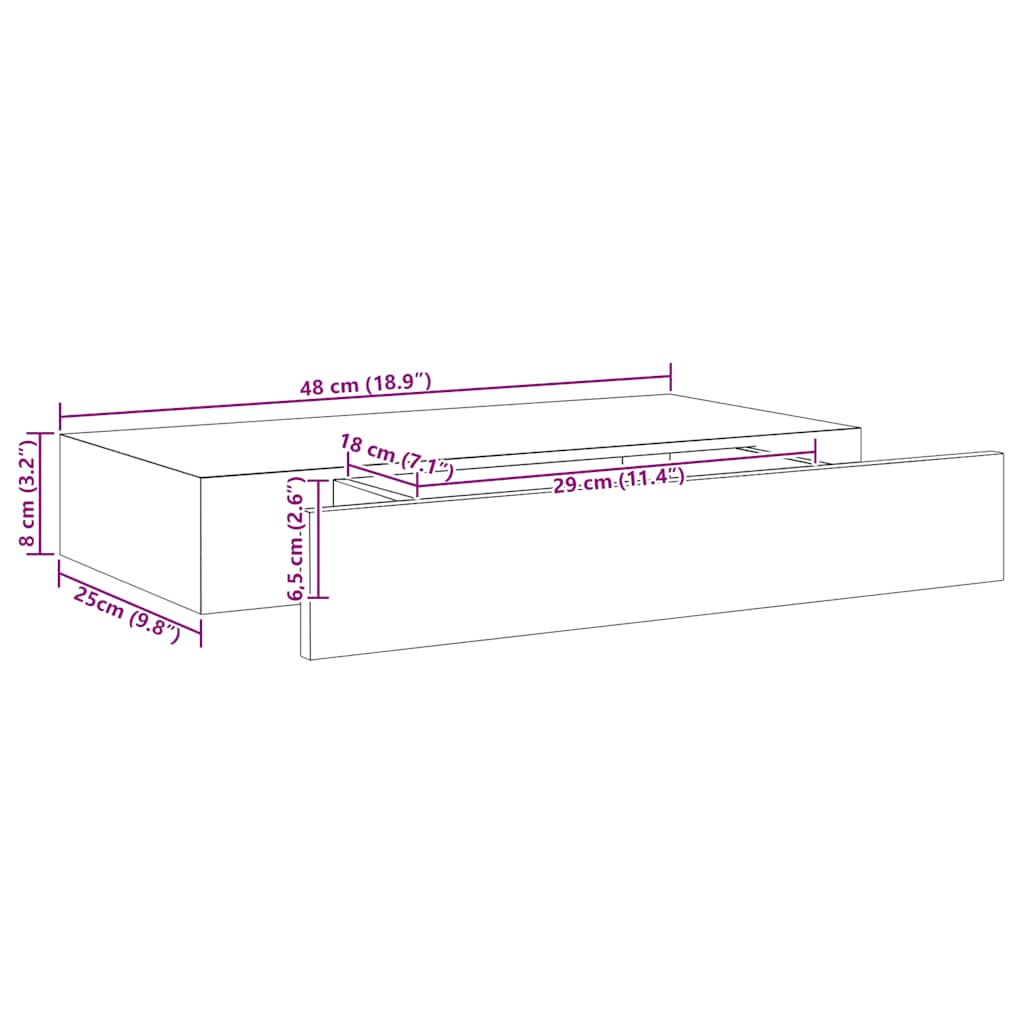 Vegghylle med skuff svart 48x25x8 cm