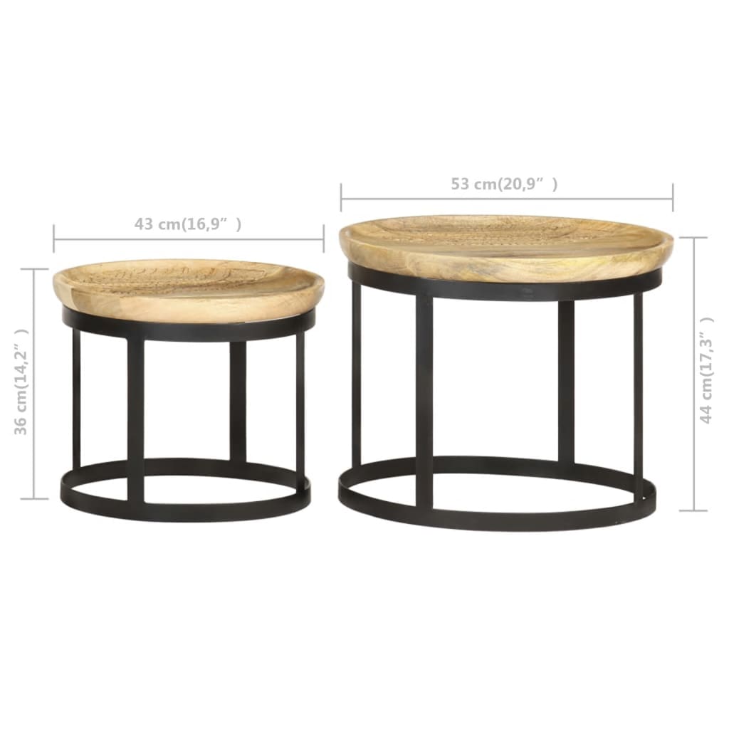 Runde sidebord 2 stk heltre mango og stål