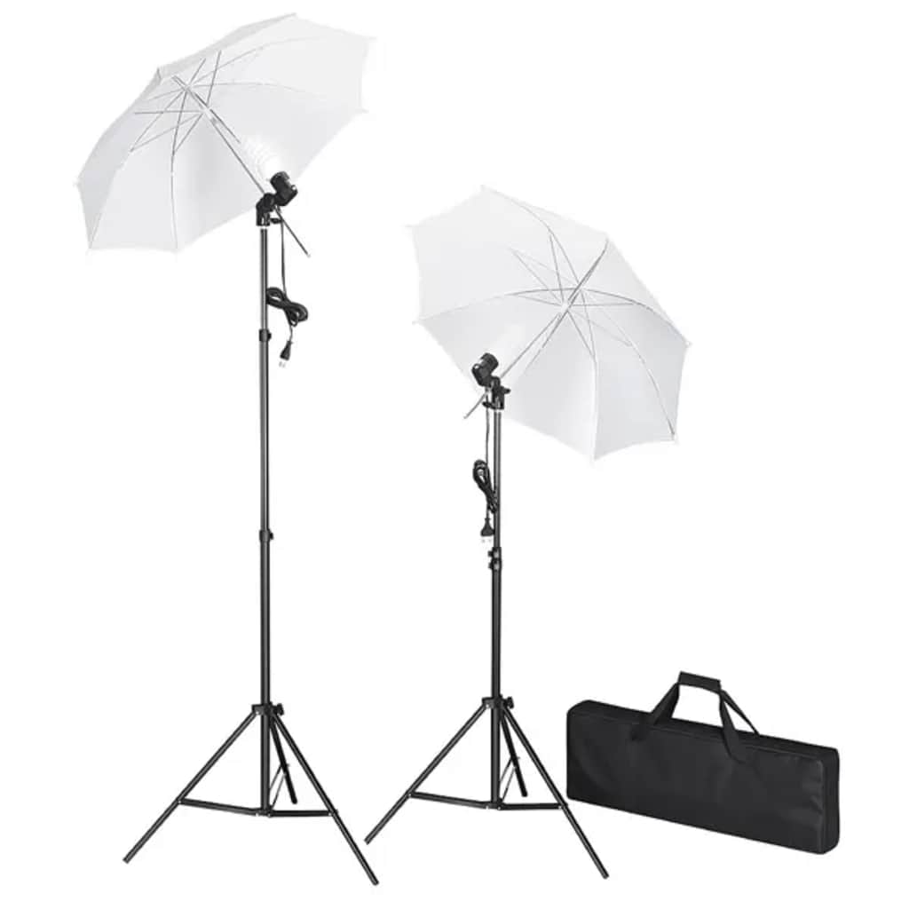 Fotostudiosett med bakgrunner, lamper og parasoller