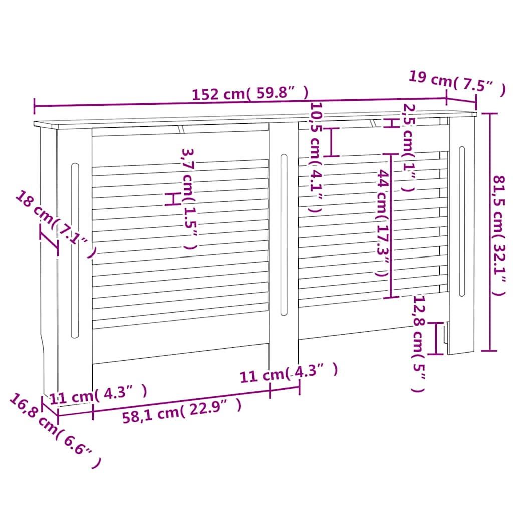 Radiatordeksler 2 stk hvit 152x19x81,5 cm MDF vidaXL