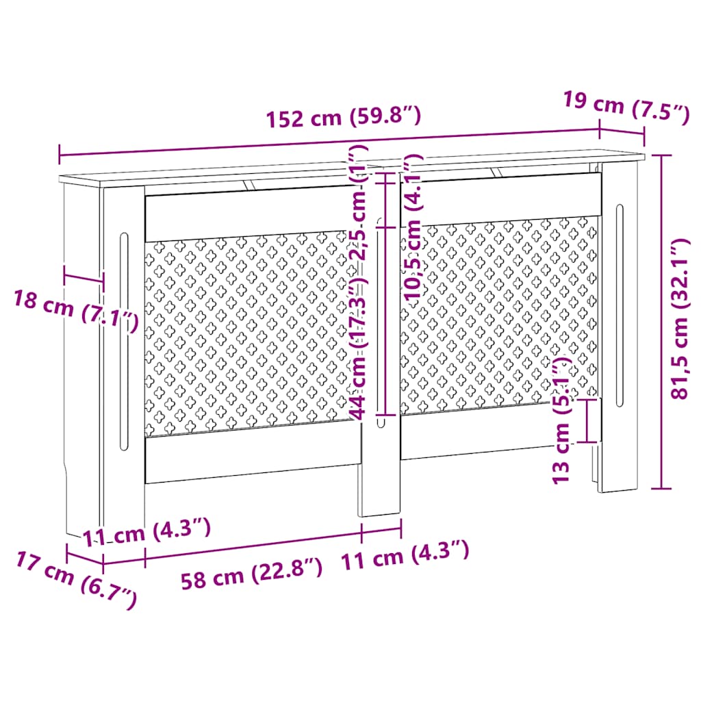 Radiatordeksler 2 stk hvit 152x19x81,5 cm MDF
