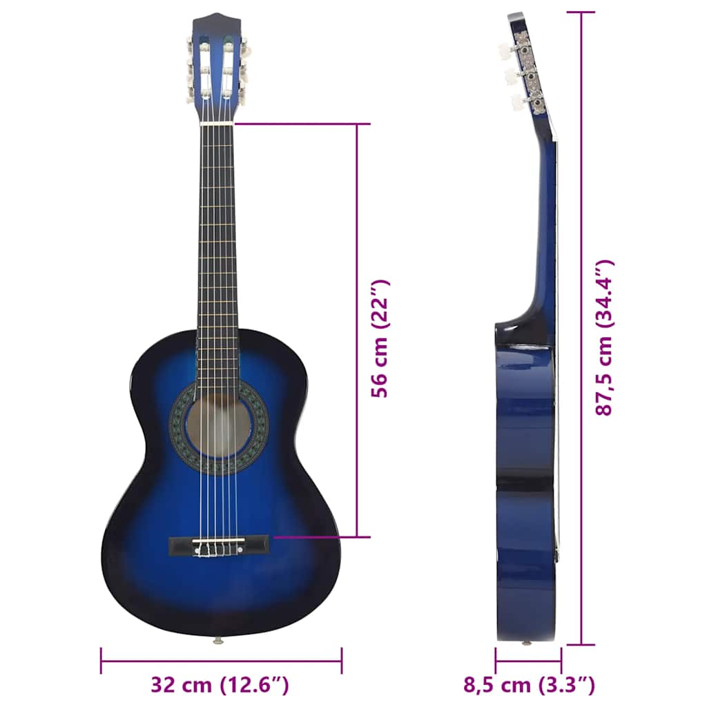 Klassisk gitar 8-delers sett for nybegynnere 1/2 34" blå