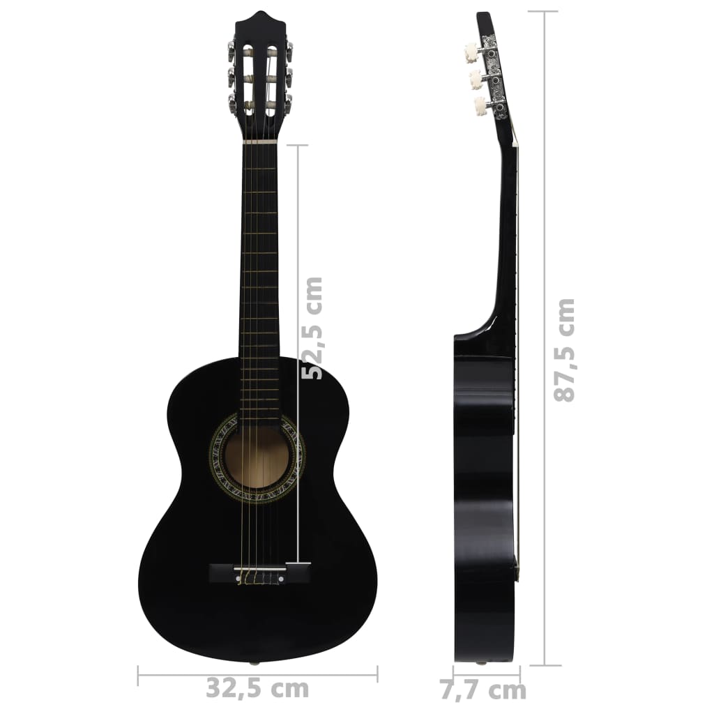 Klassisk gitar 8-delers sett for nybegynnere 1/2 34" svart