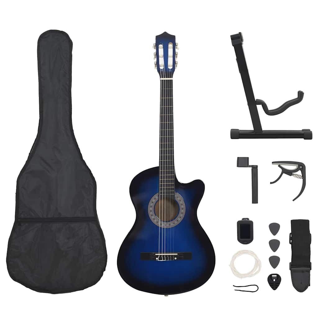 Western klassisk gitarsett 12 deler med 6 strenger blå 38"
