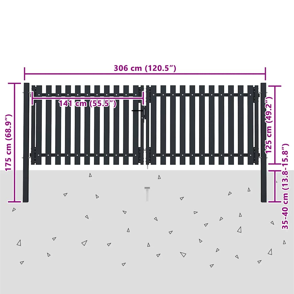 Dobbeldørsgjerde stål 300x125 cm antrasitt vidaXL