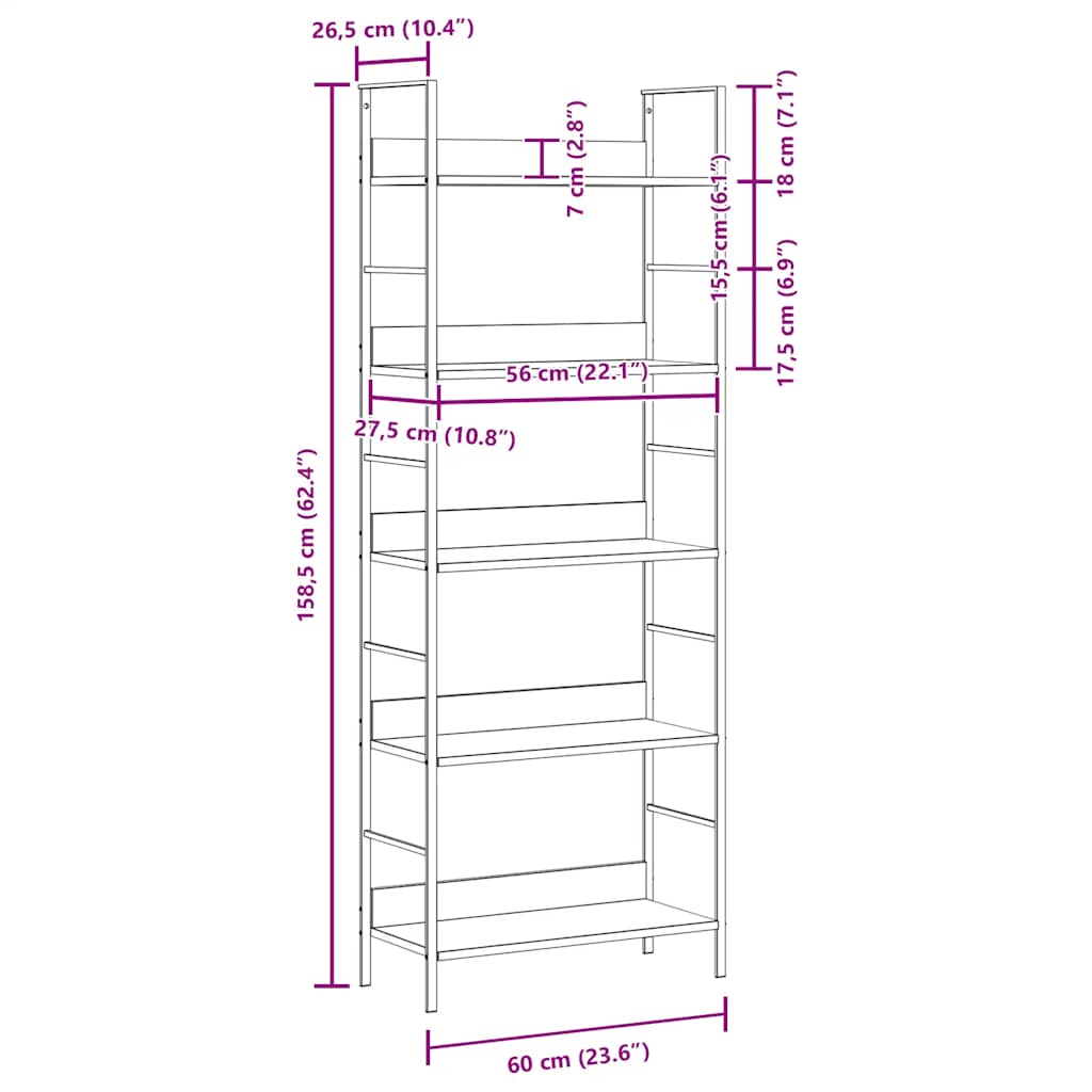 Bokhylle 5 lag svart 60x27,6x158,5 cm konstruert tre