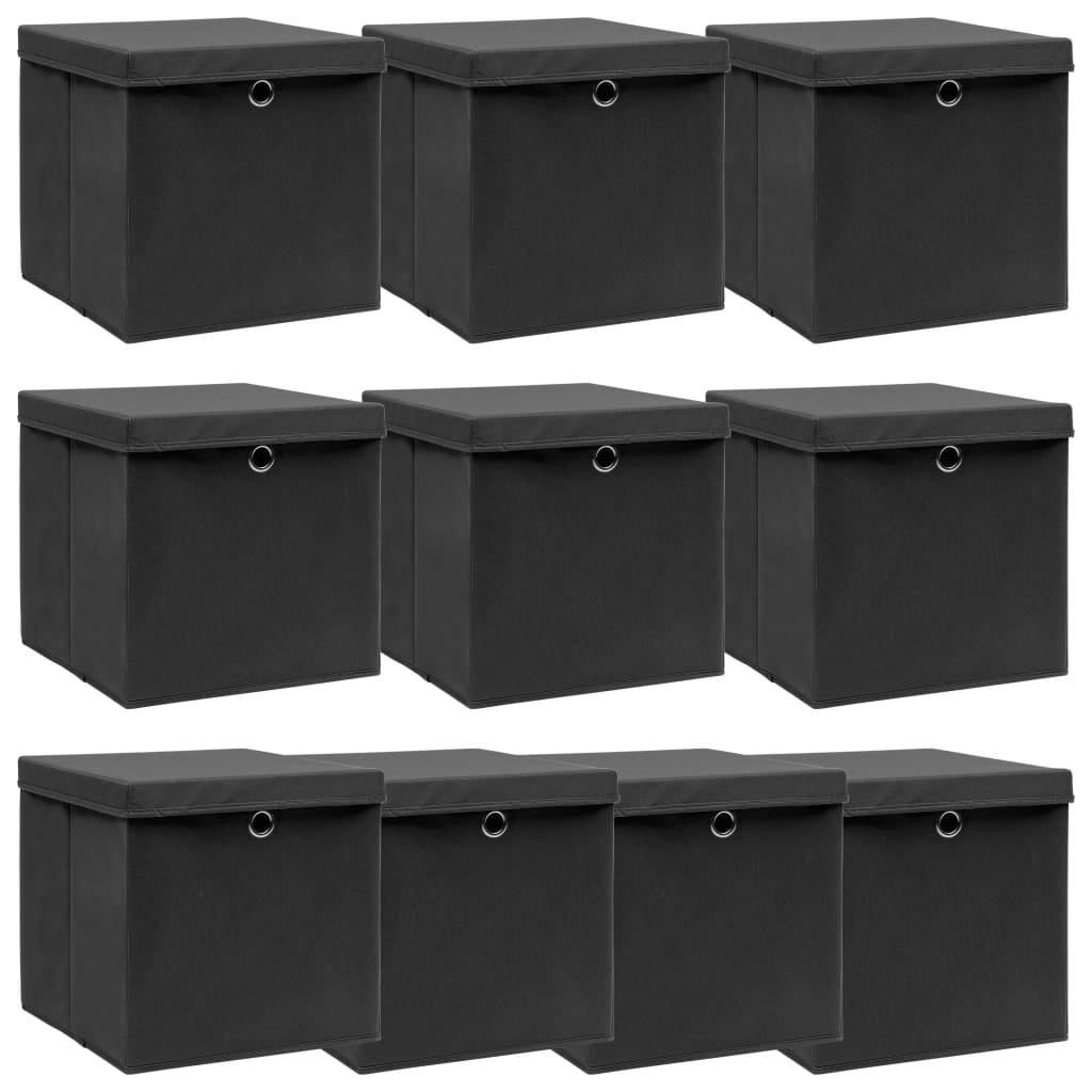 Oppbevaringsbokser med lokk 10 stk svart 32x32x32 cm stoff