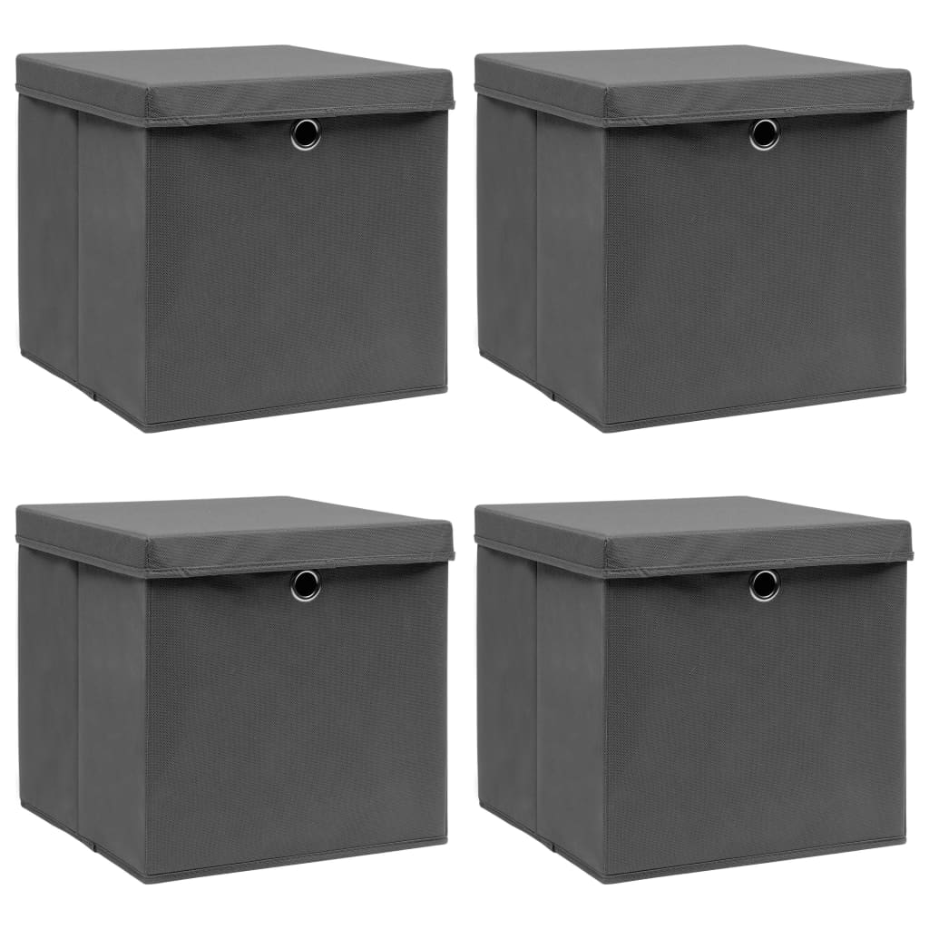 Oppbevaringsbokser med lokk 4 stk grå 32x32x32 cm stoff