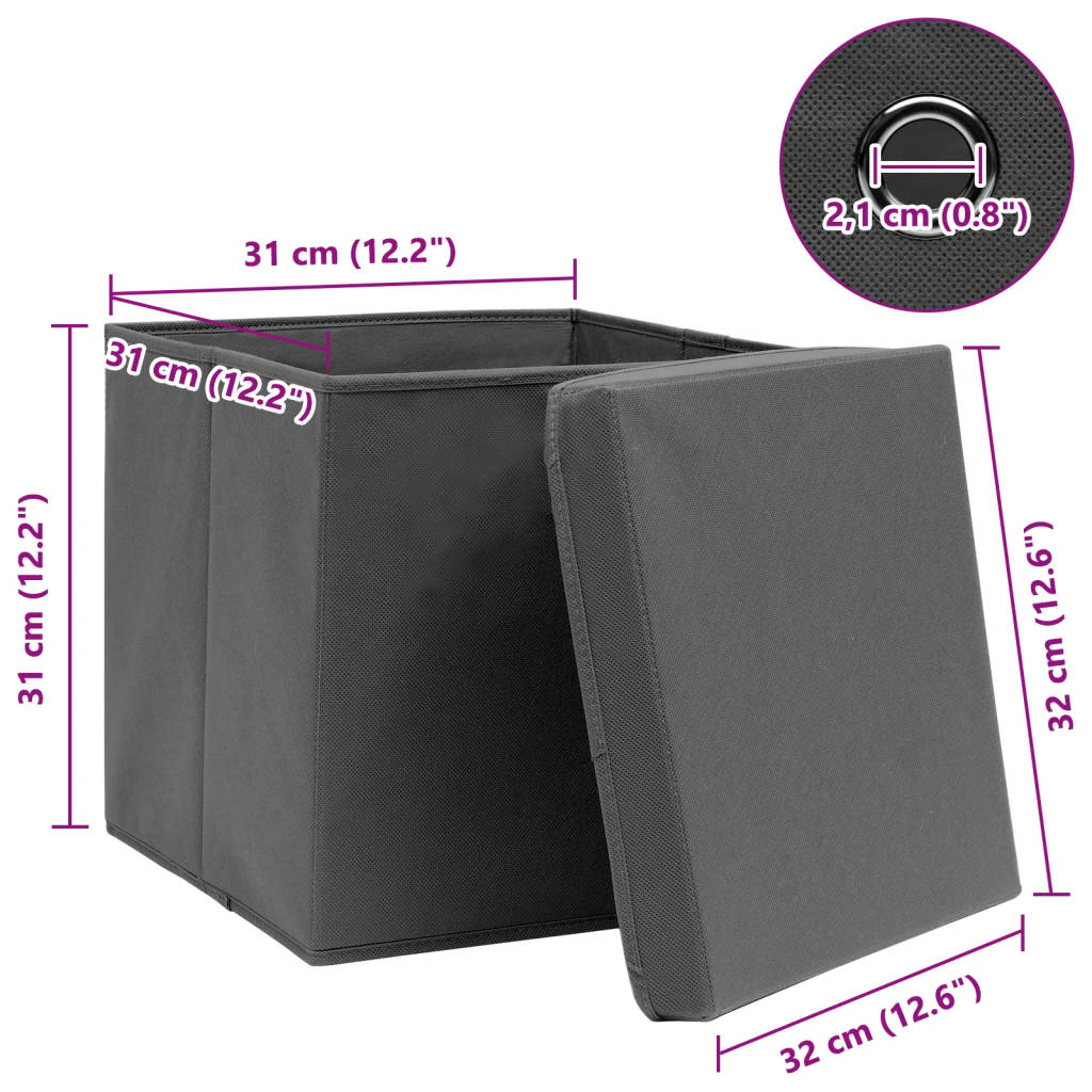Oppbevaringsbokser med lokk 4 stk grå 32x32x32 cm stoff