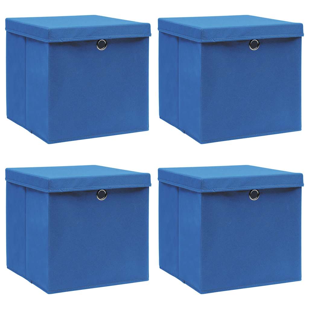 Oppbevaringsbokser med lokk 4 stk blå 32x32x32 cm stoff
