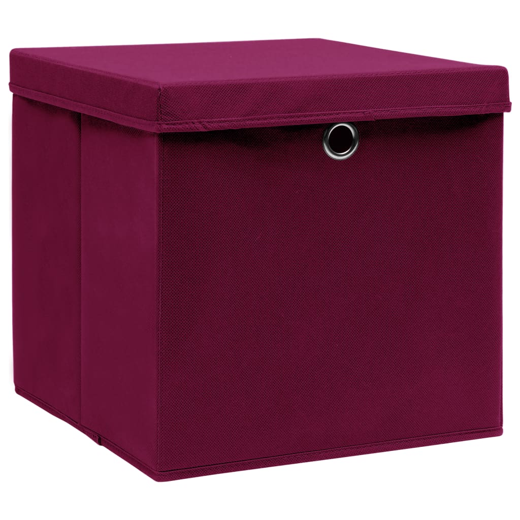 Oppbevaringsbokser med lokk 4 stk mørkerød 32x32x32 cm stoff