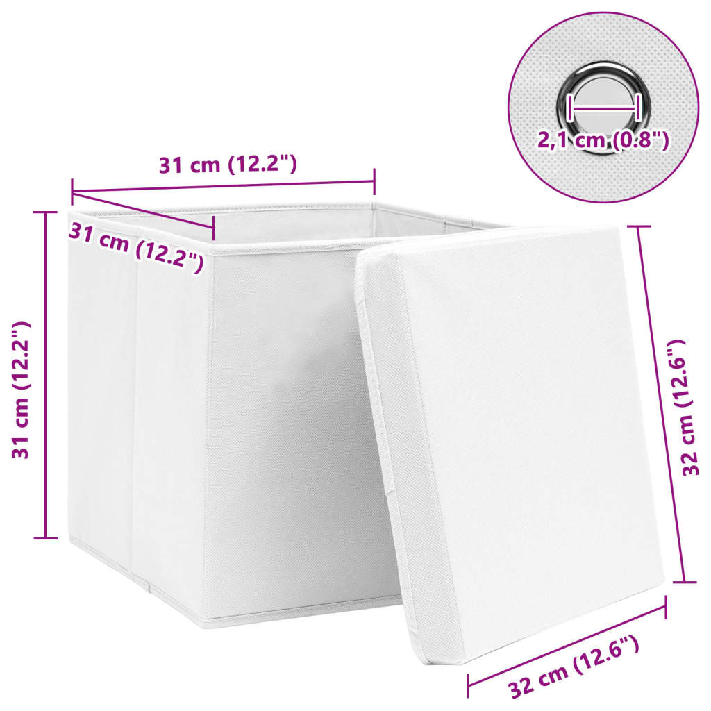Oppbevaringsbokser med lokk 10 stk hvit 32x32x32 cm stoff