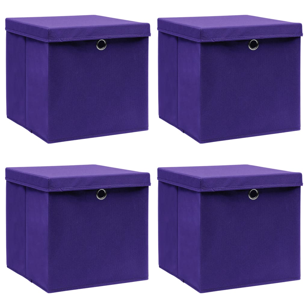 Oppbevaringsbokser med lokk 4 stk lilla 32x32x32 cm stoff