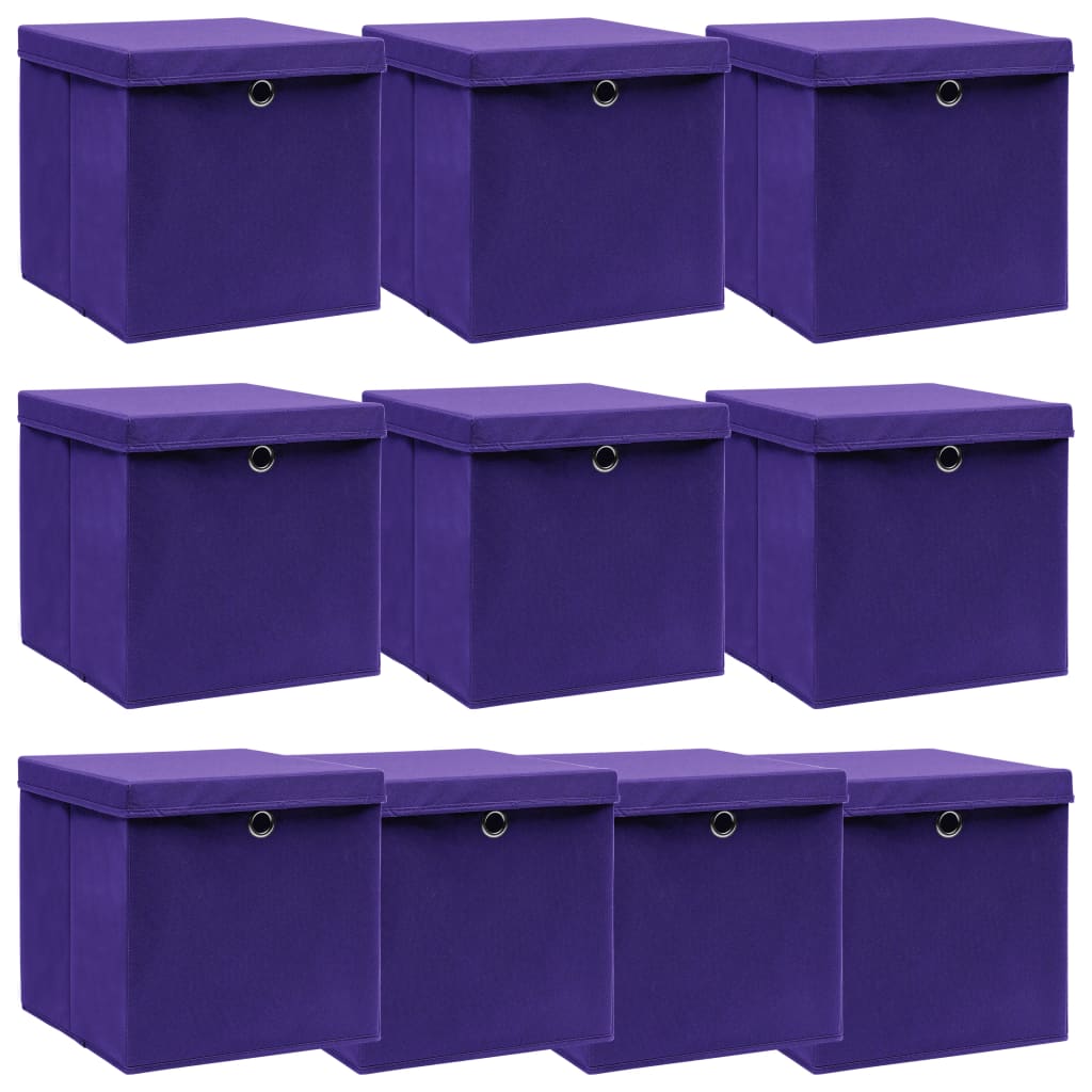Oppbevaringsbokser med lokk 10 stk lilla 32x32x32 cm stoff