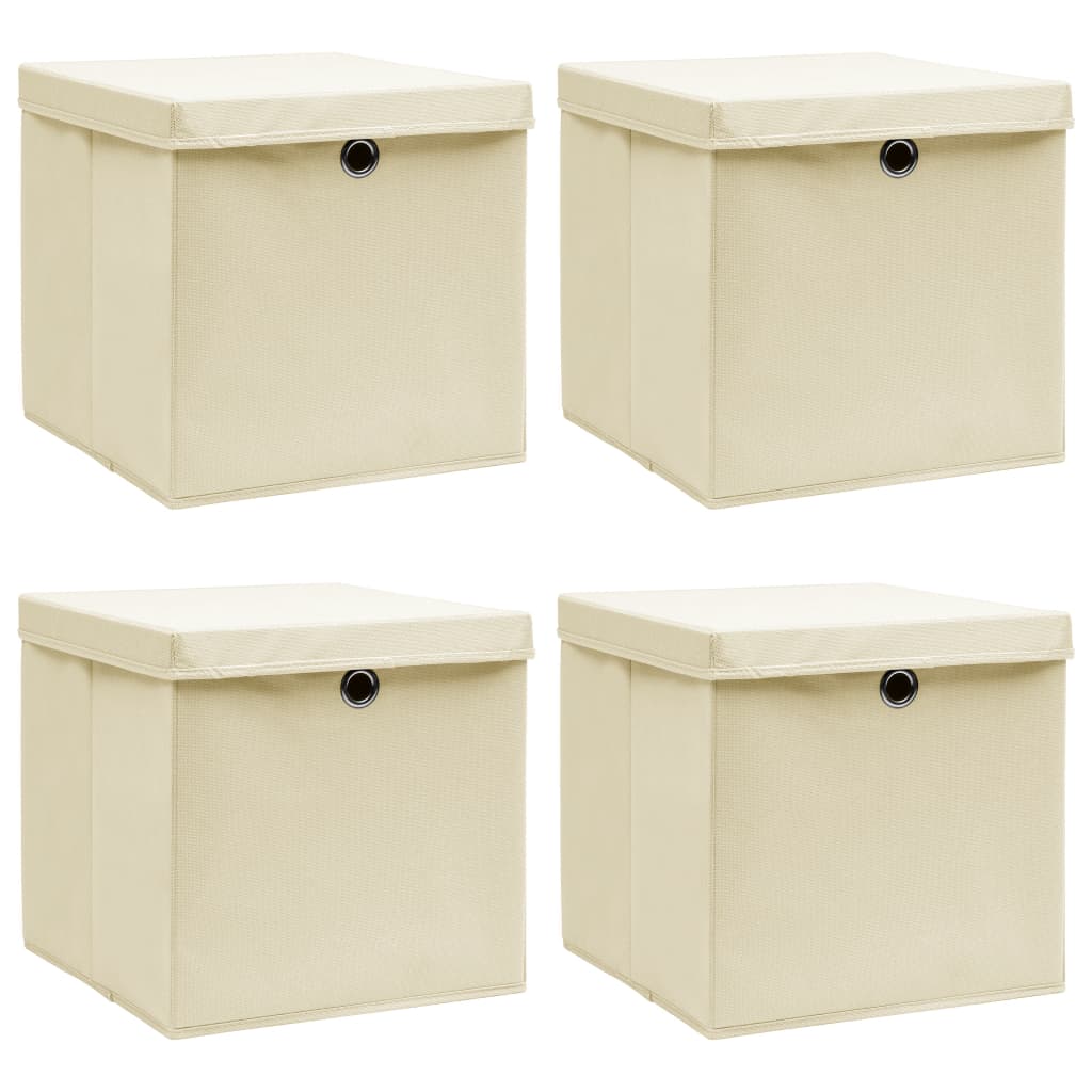 Oppbevaringsbokser med lokk 4 stk kremhvit 32x32x32 cm stoff