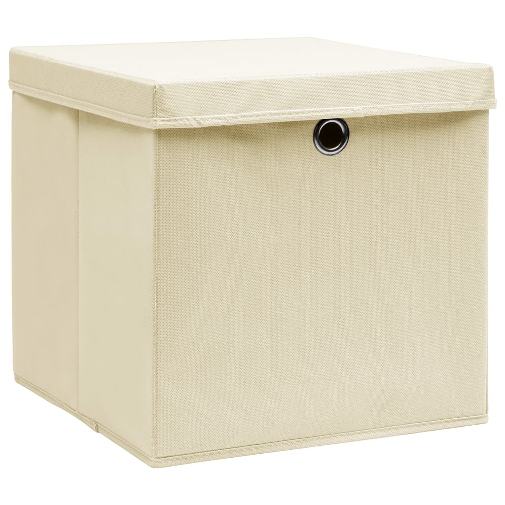 Oppbevaringsbokser med lokk 4 stk kremhvit 32x32x32 cm stoff