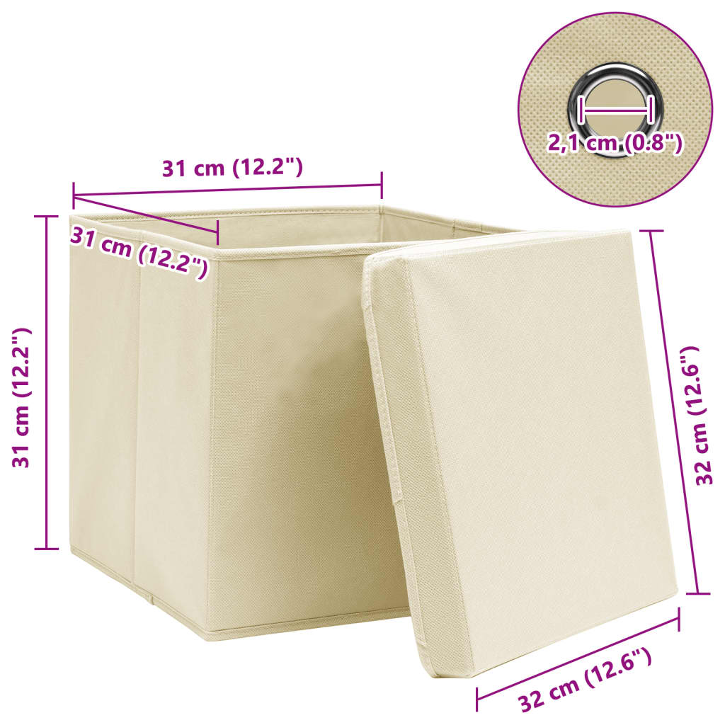 Oppbevaringsbokser med lokk 10 stk kremhvit 32x32x32 cm stoff