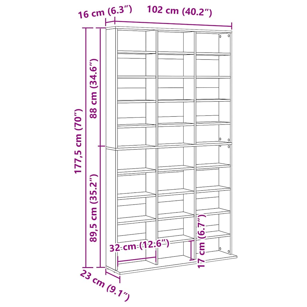 CD-hylle hvit 102x23x177,5 cm konstruert tre