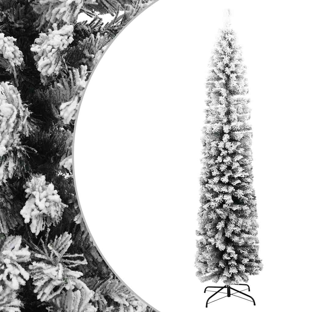 Slankt kunstig juletre med flokket snø grønn 210 cm PVC