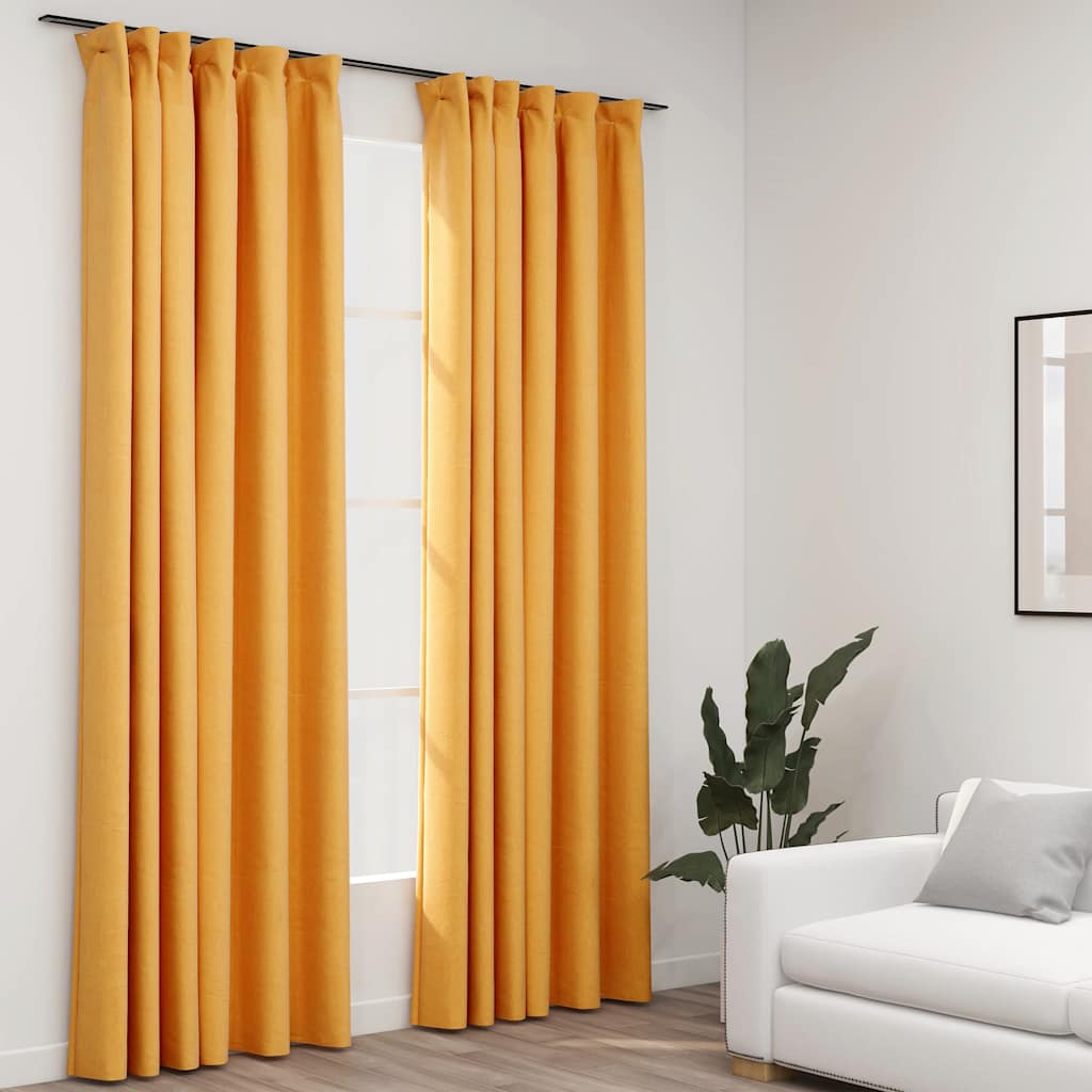 Lystette gardiner med kroker og lin-design 2 stk gul 140x225 cm